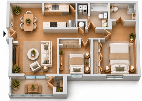 Floor plan for 2 beds, 2 baths, 898 sqft
